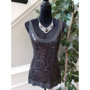 Love Happiness Tank Top Women Medium Charcoal Sequin Rayon Wide Strap Scoop Neck